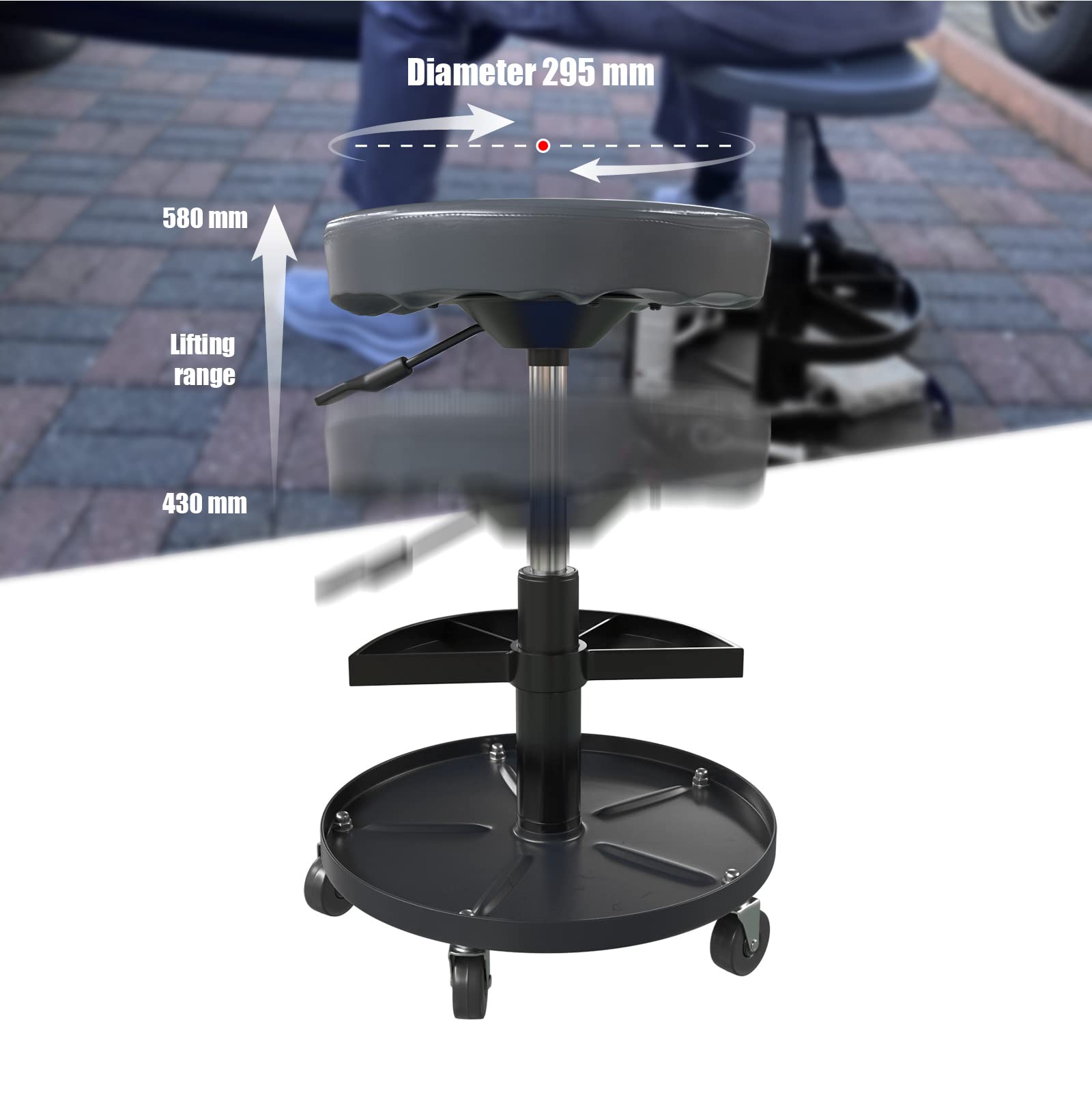 HASKYY Werkstatthocker Rollhocker | Höhe 430-580mm I Sitz Geleinlage | Werkstatt-Arbeits-Hocker-Stuhl-Sitz I 135kg | ø40 cm | 2 Ablagen I Grau