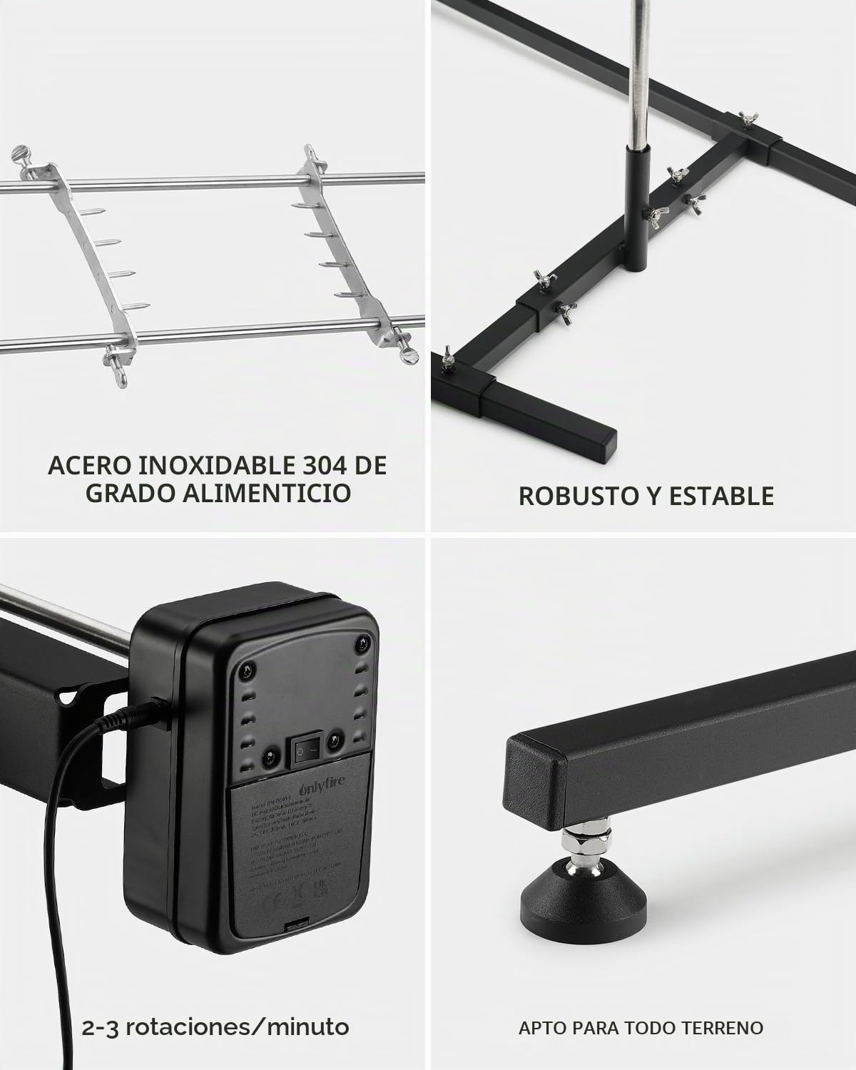 Onlyfire Asador Giratorio Eléctrico para Barbacoa, Altura Regulable 32,5-97cm, Motor 3 en 1, Kit de Brocheta Eléctrica para Fogones, Hogueras y Barbacoas de Carbón, Asador de Lechón Acero Inoxidable