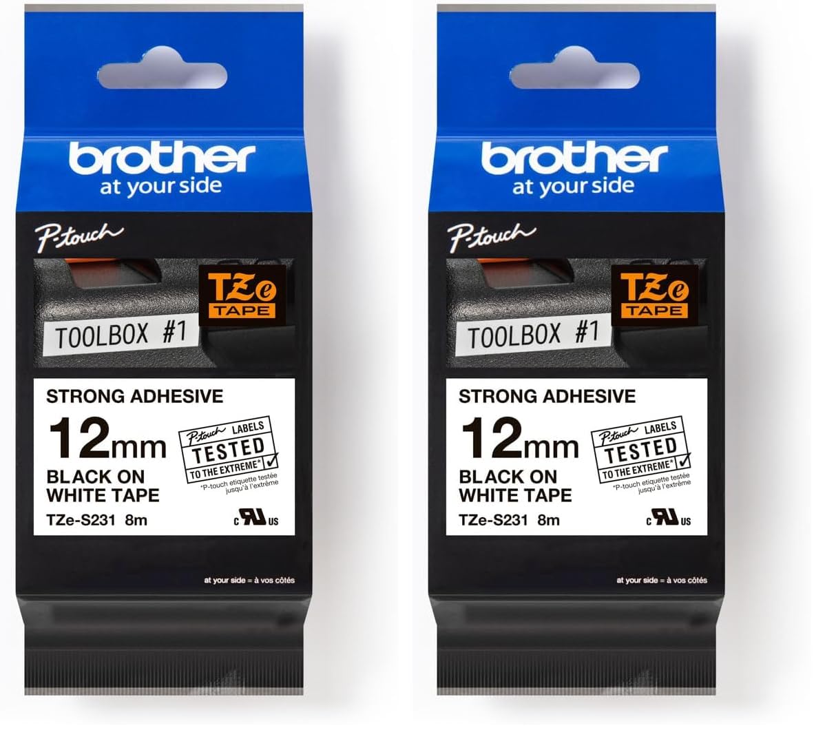 Brother TZES231 Nastro Laminato con adesivo resistente da 12 mm (8 m) Nero/Bianco (Confezione da 2)