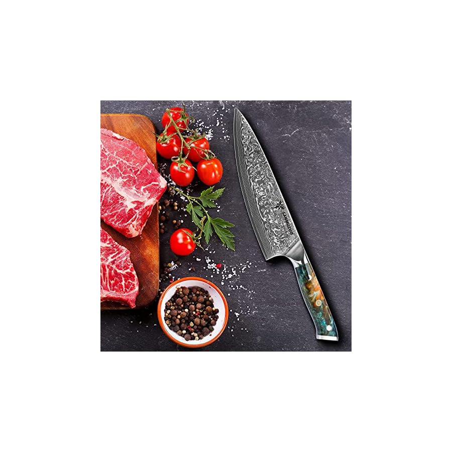 SANMUZUO Chef Knife - 8 inch - Xuan Series - VG10 Damascus Steel Kitchen Knife - Resin Handle (Fantasy Orange)