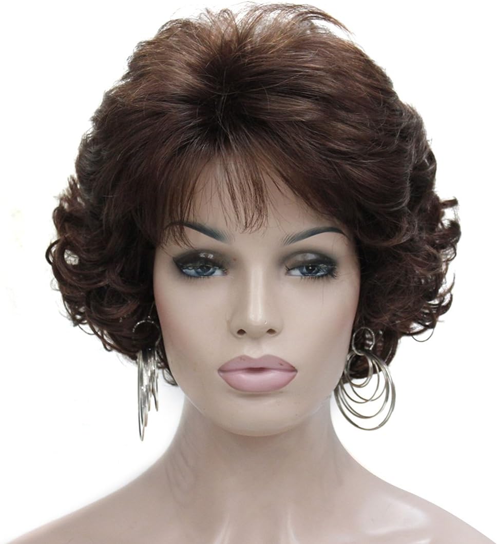 Kalyss 10" Short Curly Wavy Wig with Hair Bangs 100% Imported Premium Synthetic Fashion Brown Hair Wigs for Women (Dark Brown)