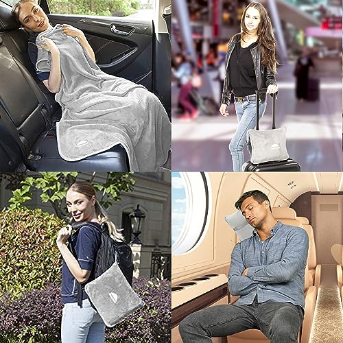 Image of BlueHills Premium Soft Travel Blanket Pillow Airplane Flight Blanket Throw in Soft Bag Pillow case with Luggage Belt & Backpack Clip Compact Pack Large Blanket - Light Gray T024