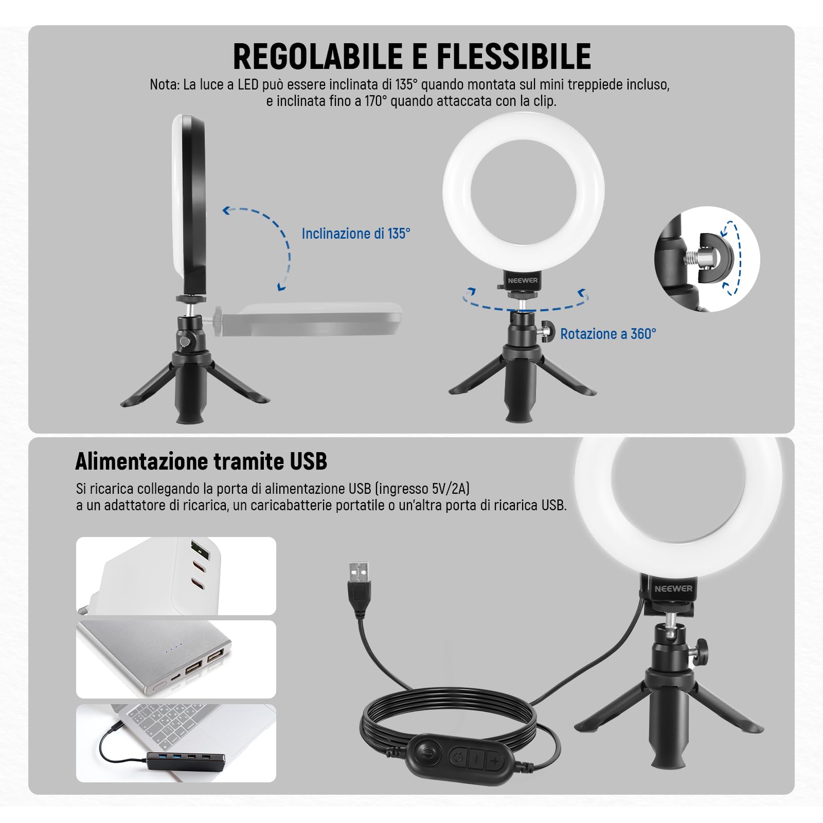 NEEWER BASICS 5" Ring Light con Mini Treppiede per Videoconferenza da Scrivania, Kit Streaming con Clip per Monitor Webcam Computer Laptop Trucco Selfie Registrazione Video, Panno da Pulizia, BR60
