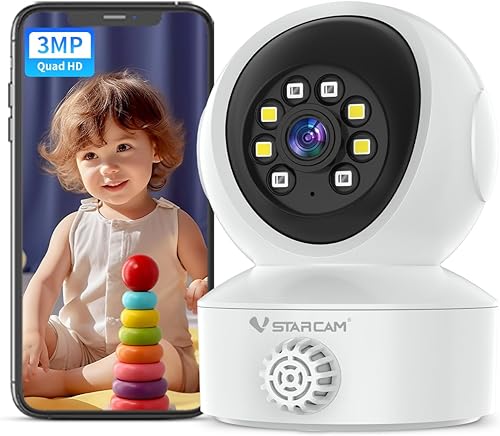 VSTARCAM Cámara de seguridad para interiores 2K con detección de humo, cámara para mascotas, vista de 360, detección de movimiento, visión nocturna