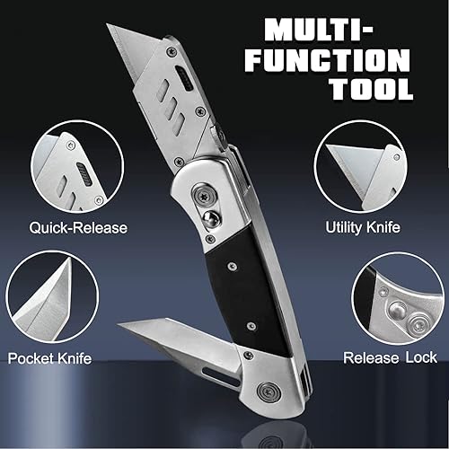Miniatura 2 de Cuchillo utilitario plegable con funda y 10 cuchillas de afeitar, cuchillo cortador de caja resistente con cuchillas dobles, cuchillos de