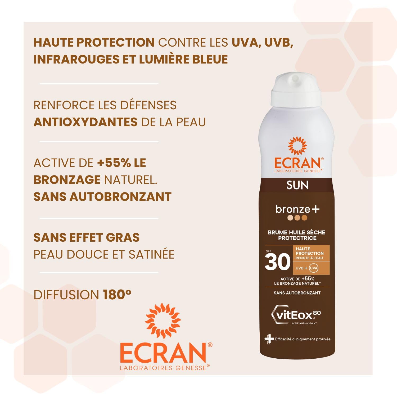 ECRAN® - Brume Huile Activatrice de Bronzage - Haute Protection - Technologie vitEox80 - Vitamine E - Protection UVA, UVB, Lumière Bleue, Coups de Soleil - Protection Solaire SPF 30 - Bronzage naturel