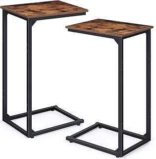 C Shaped End Table Set of 2, Sofa Table Snack Table Tray Side Table Bedside Table with Metal Frame for Laptop, Snack, Sofa Couch, Bed Living Room Bedroom, Rustic Brown