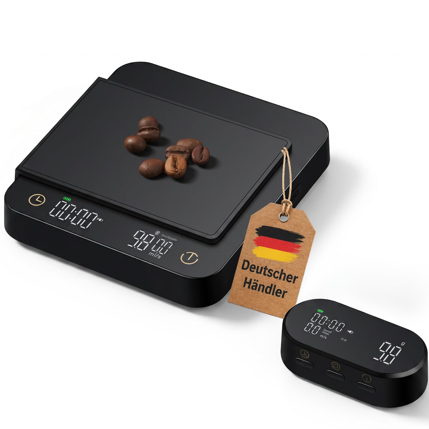 Premium Kaffeewaage mit Funk-Display & Timer – Espresso Waage 0,1g / 3kg mit Flussraten-Anzeige, 5 Modi für Siebträger & Filterkaffee Pour-Over, Digitale Küchenwaage Automatischer Zeitmessung