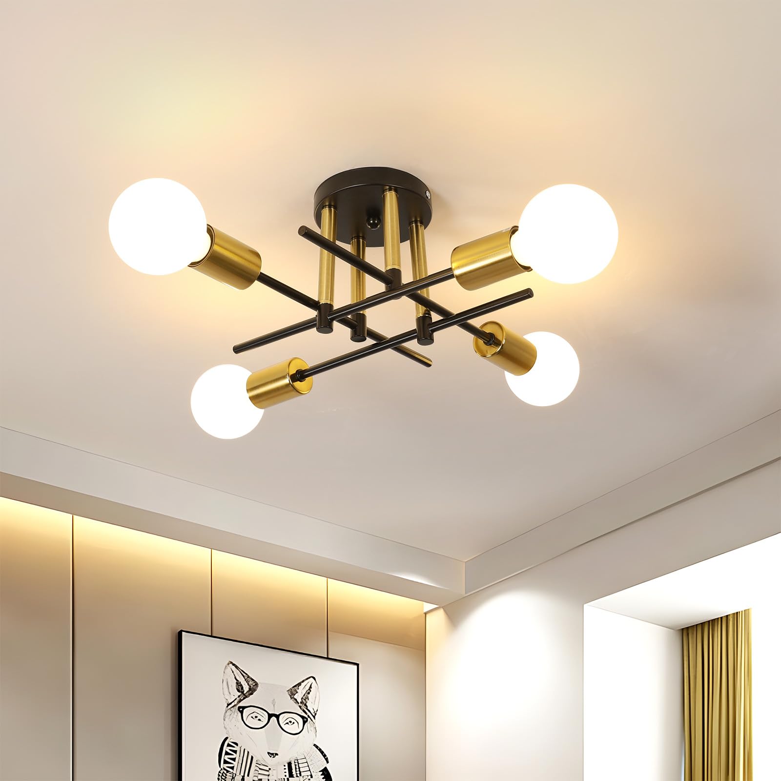 Pheashine Modern Chandeliers Ceiling Light Living Room, 4-Light Semi Flush Mount Ceiling Lights with E27 Base, Industrial Vintage Ceiling Lighting Fixture for Kitchen, Bedroom, Dining Room
