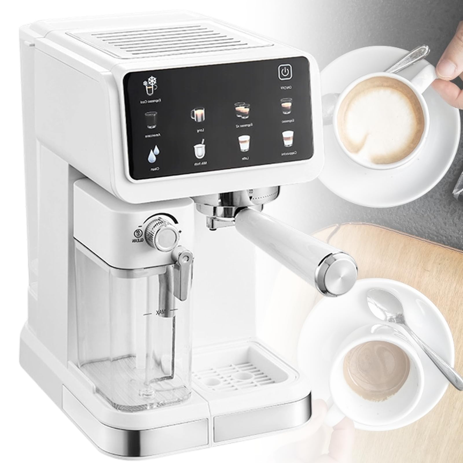 Xjymposium Espresso Coffee Machine, 20 Bar Semi Automatic Coffee Maker, 1350w, Removable Milk And Water Tanks, Touch Panel For Latte And Cappuccino White