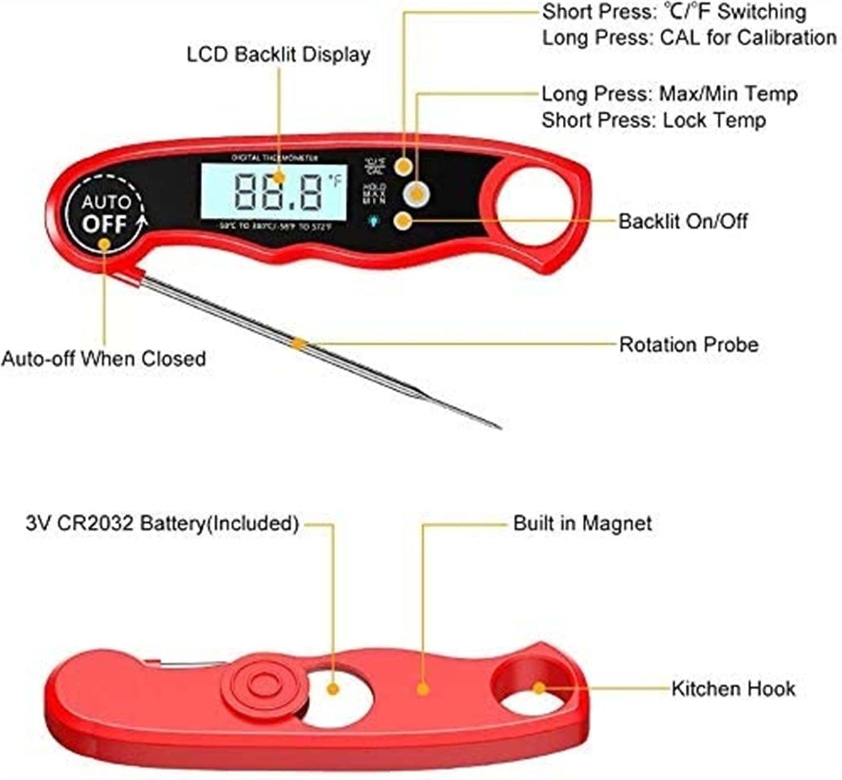 XMING Termometry mięsa, 2S natychmiastowe odczytywanie termometru gotowania z 4,7 "długą sondę, podświetlenie LCD, dla oleju głębokiego smażenia GRILL Mleko z grillem