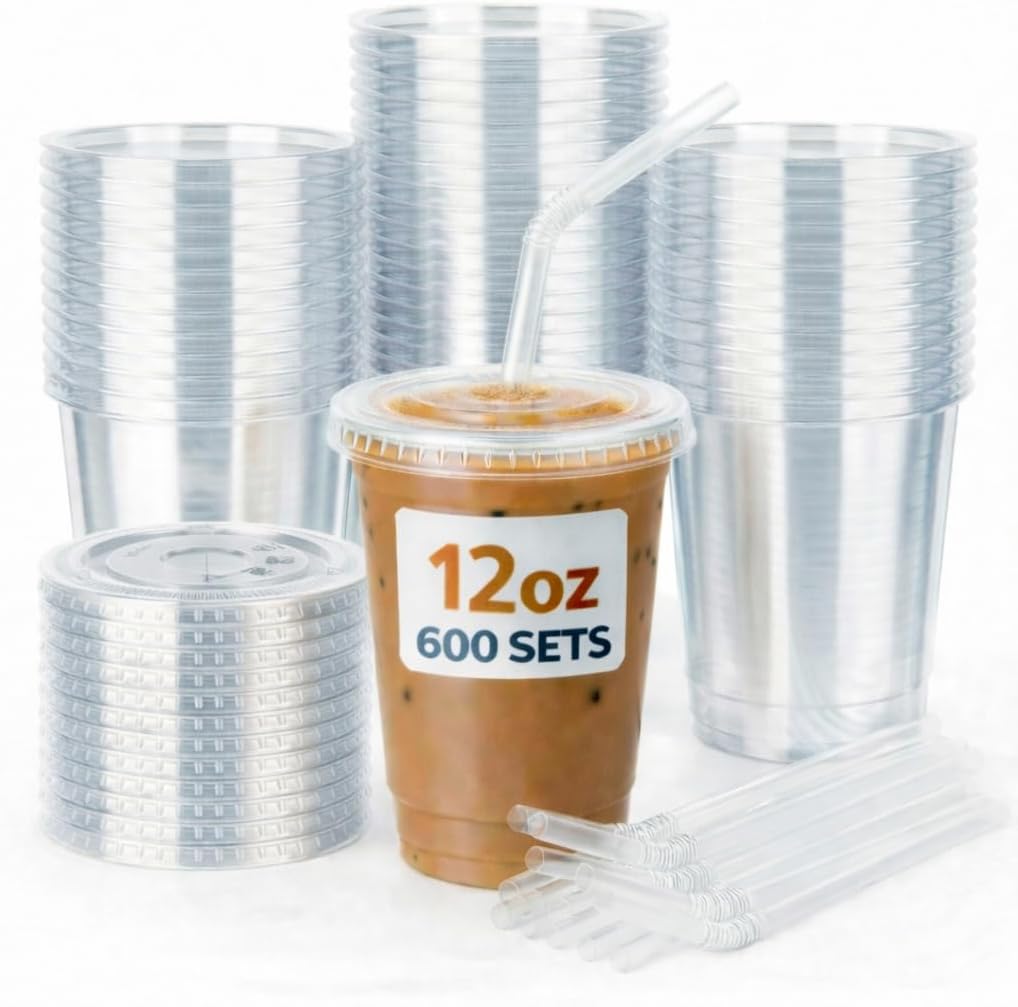 Nicole Home Collection 600 Sets – 12 oz Clear PET Plastic Cups with Lids and Straws, Sturdy & Food Safe Iced Coffee Cups, Disposable Smoothie Cups for Cold Drinks