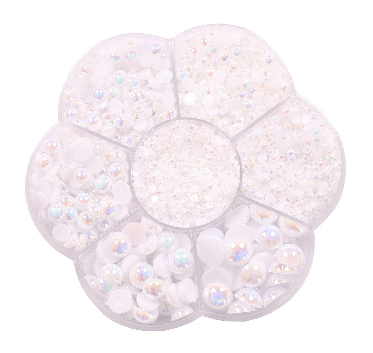 YAKA 3000PCS 1 Box 7Sizes Round Flatback Half Pearls Bead Loose Beads Gem Scrapbook Craft (Half Beads/AB Bright Color) (White)
