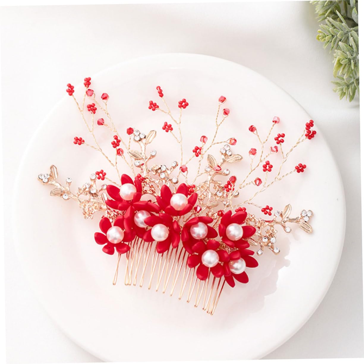 minkissy 3pezzi Pettinino Per Perle Fatte Mano Accessori Da Sposa Eleganti Per Matrimoni e Feste Design Floreale Rosso Per Donne e Ragazze