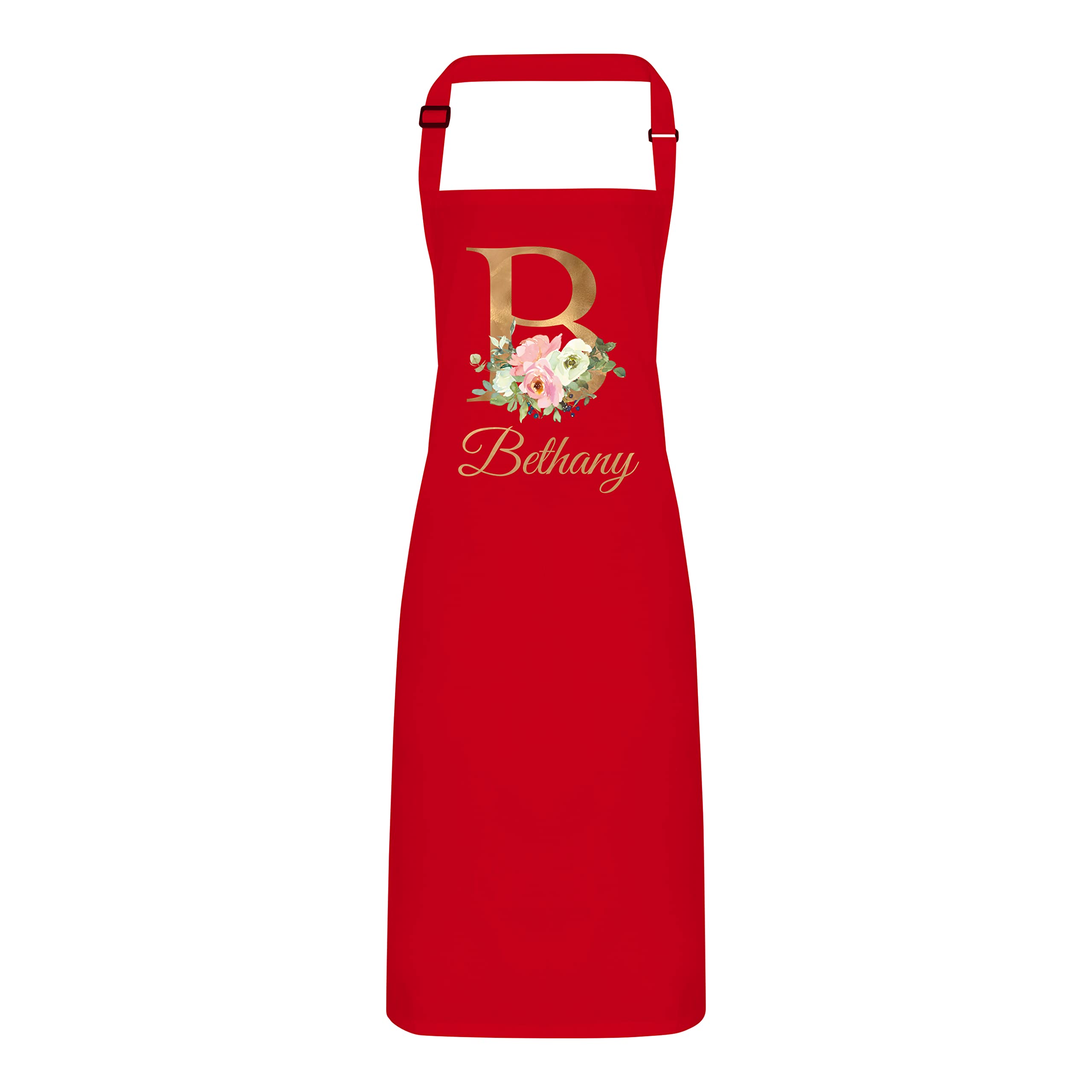 Personalised Floral Gold Initial and Name Apron with Adjustable Neck Strap - Full Colour Print (Red)