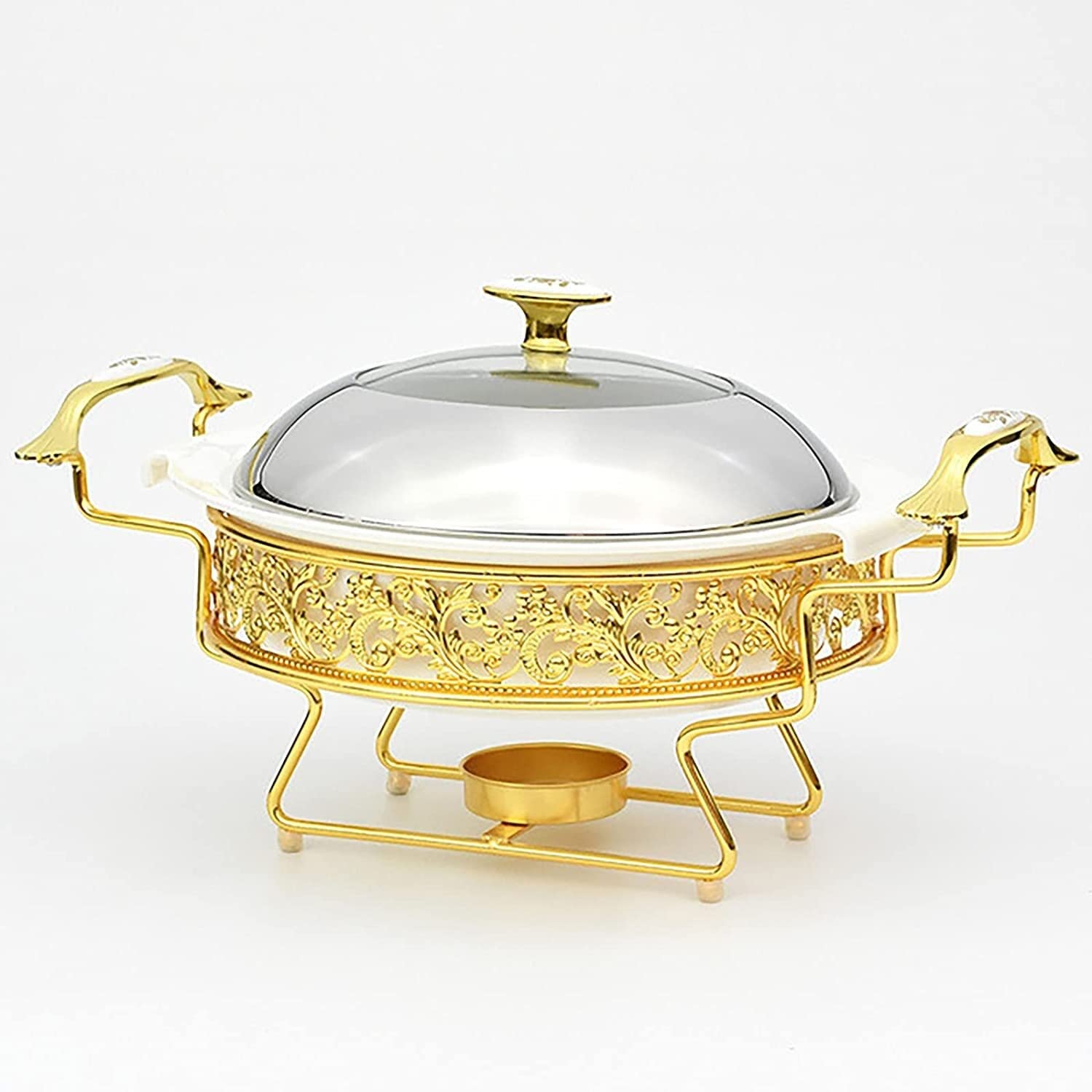 Set da Buffet per scaldavivande Dorati, Inserto Rotondo in Acciaio Inossidabile con Coperchio per Buffet, Matrimoni, Feste, Banchetti, Catering, Eventi, Dimensioni: 32 cm