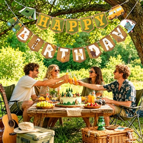 Image of Hooqict Happy Birthday Banner Camping Birthday Decorations Camping Party Banner Garland for Summer Camp Outdoor Hiking Forest Themed Party Decorations