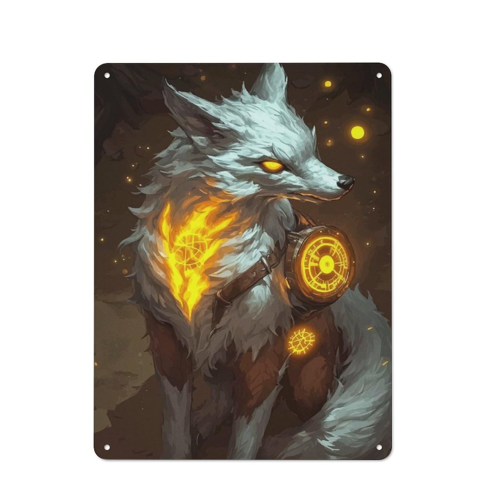 Junmoney Mystical Fox Glowing Symbols Workshop Style Metal Wall Decor 40X30cm, Tin Sign For Tool Room, Garage, Studio Or Home Bar