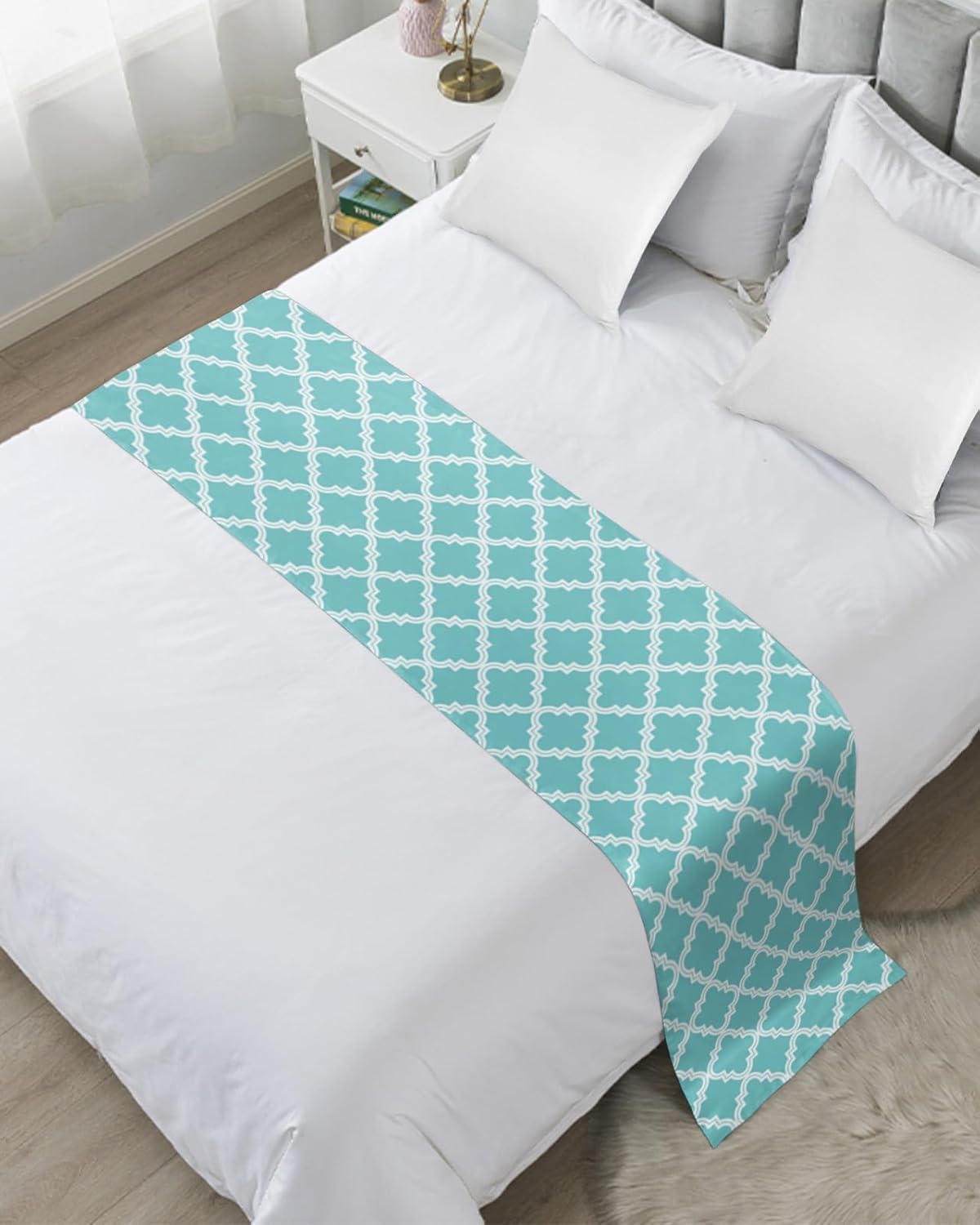 Teamery Bed Runners & Scarves, Cyan Moroccan Pattern Bed Runner, Bed Scarf Protector Decorative Accent Bedding Scarf for Hotels Homes and Guestrooms, 102 x 20 inches