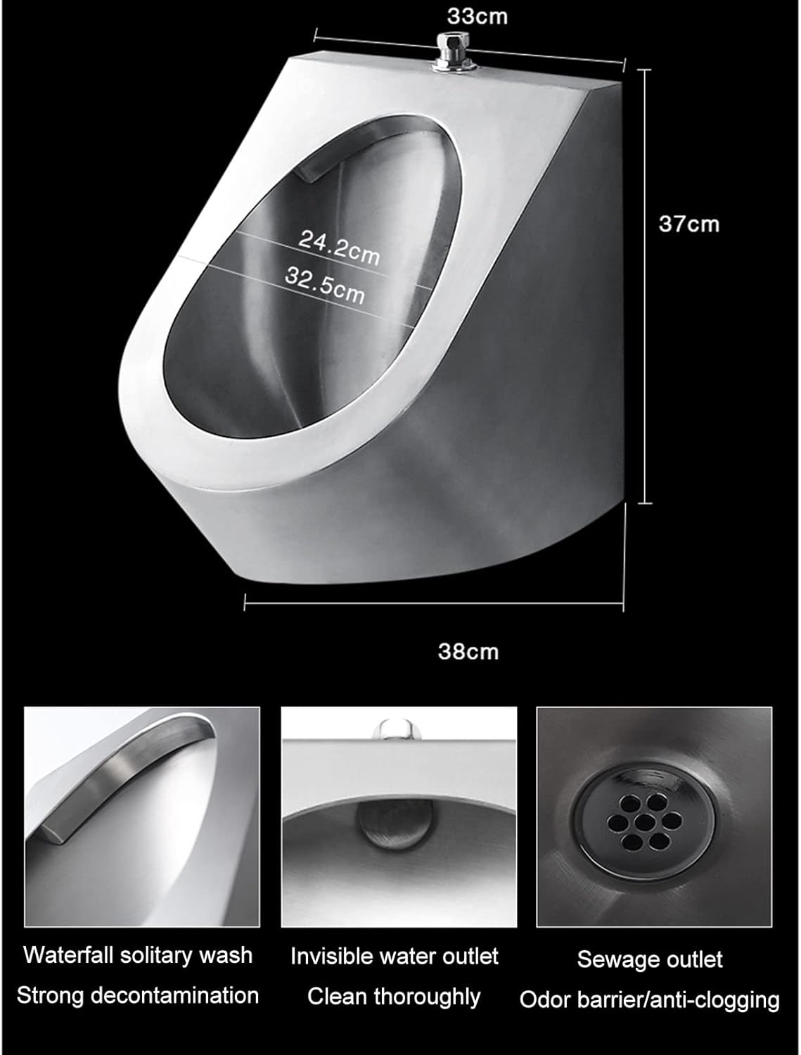 Stainless Steel Urinal Wall Mounted Urinal, Modern Creative High-Efficiency Washout Urinal with Drain Valve, Commercial Residential Use Bathroom Toilet Urinal, (Wall Drainage Kit 1)