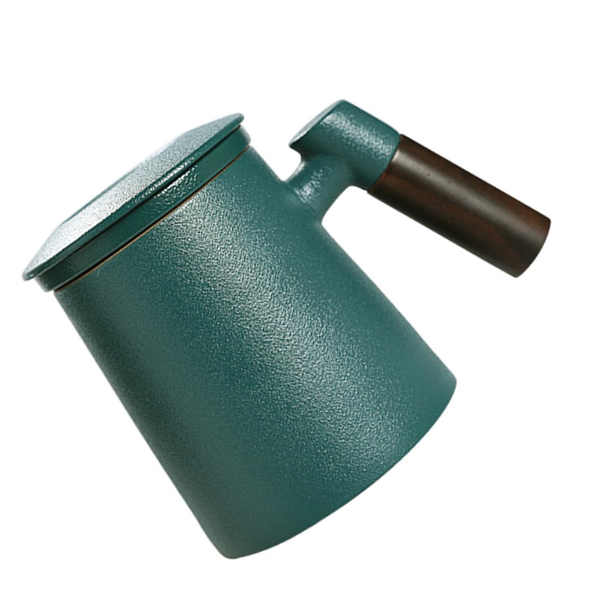 INOOMP Tazza da Tè in Ceramica Infusore e Coperchio, Manico in Legno, Capacità 400ml, Colore Verde, Design Elegante per Ufficio e Casa