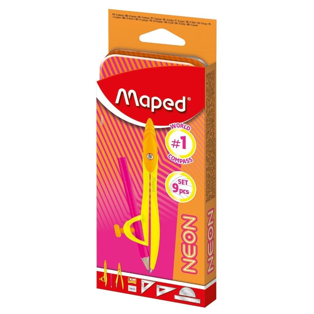Maped - Complete Set of Geometry and Mathematics - 2 Compass (Ring and Lead), 15 cm Ruler, 180° Protractor, Square, Eraser, Pencil Sharpener and Pencil - Set Multi Products