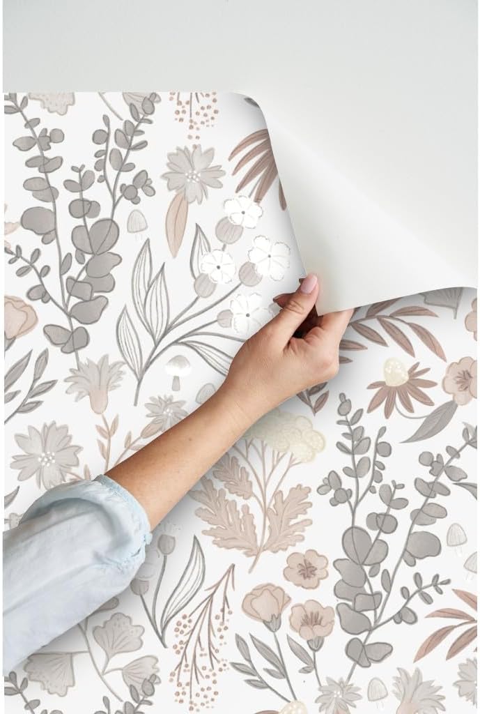 Spoonflower Peel & Stick Wallpaper 6ft x 2ft - Pretty Neutral Flowers Eucalyptus Floral Pastel Custom Removable Wallpaper