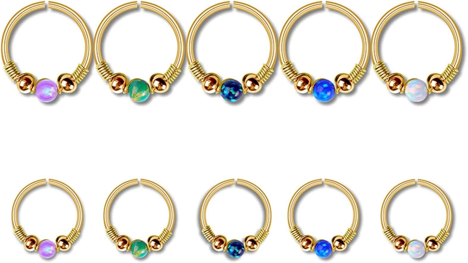 10 Piece Nose Ring Set,20 Gauge Nose Rings for Women 0.8mm Nose Ring Nose Rings for Women Surgical Steel Round Shape with Opal 8/10mm Cartilage Earring Silver