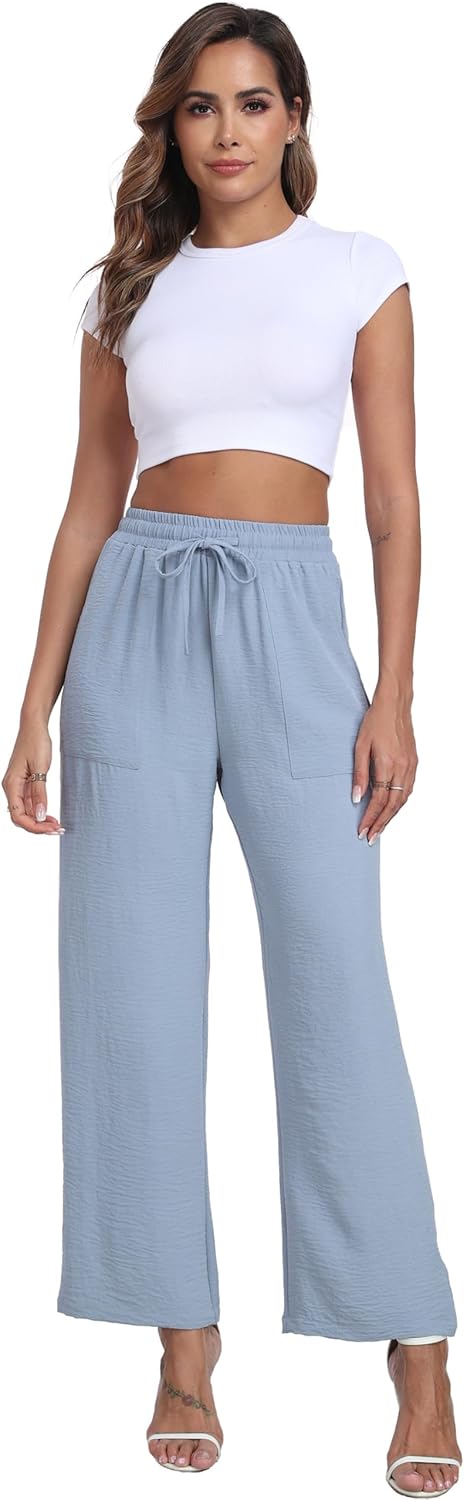 Women's Wide Leg Pants High Waist Adjustable Knot Loose Casual Trousers Business Work Casual Pants with Pockets - Image 4