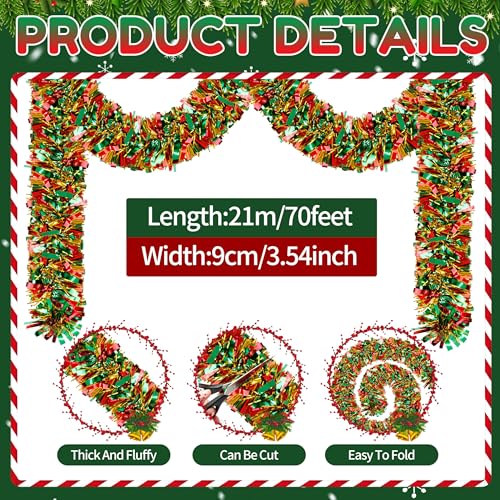 Image of 70 Ft Christmas Tinsel Garland Metallic Tinsel Twist Garland Glitter Christmas Tree Hanging Decorations for New Year Party Birthday Holiday Indoor Outdoor Supplies (Mix 2)