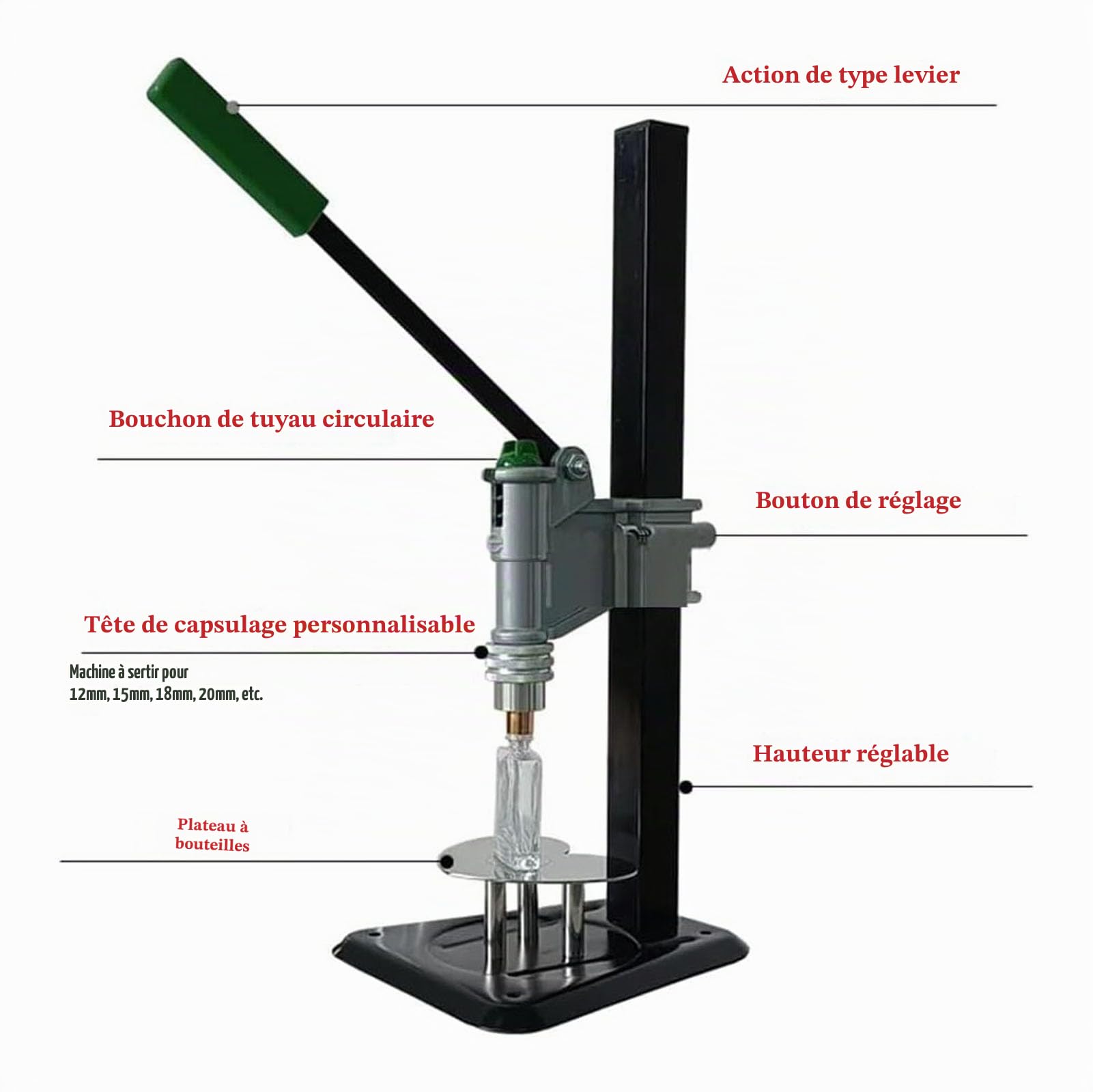 Sertisseuse Manuelle De Bouteilles De Parfum, Machine De Capsulage De Bouteilles De Pulvérisation De 13 à 15 Mm avec Hauteur Réglable, pour Bouteilles De Parfum/Huile Essentielle