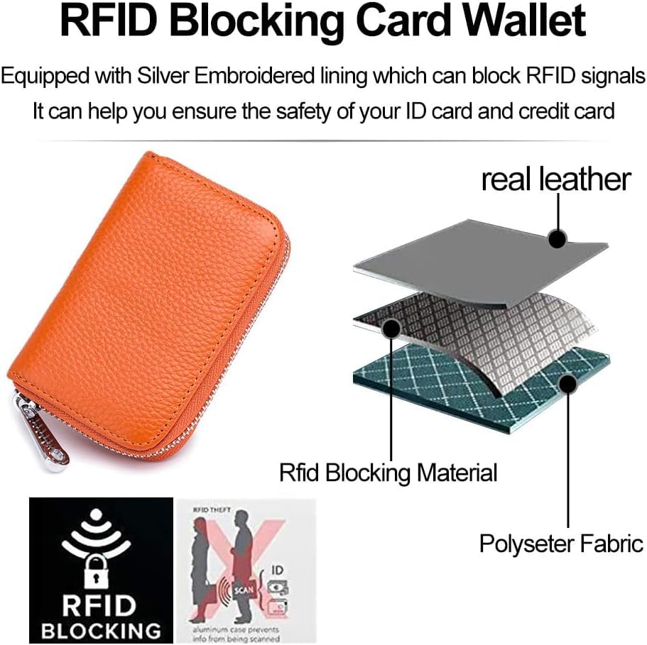 Image of VOGARD Unisex RFID Blocking Leather Card Holder Wallet with Zip Closure | 12 Card Slots & Cash Pocket | Compact Accordion Credit Card Organizer for Men & Women (Orange)