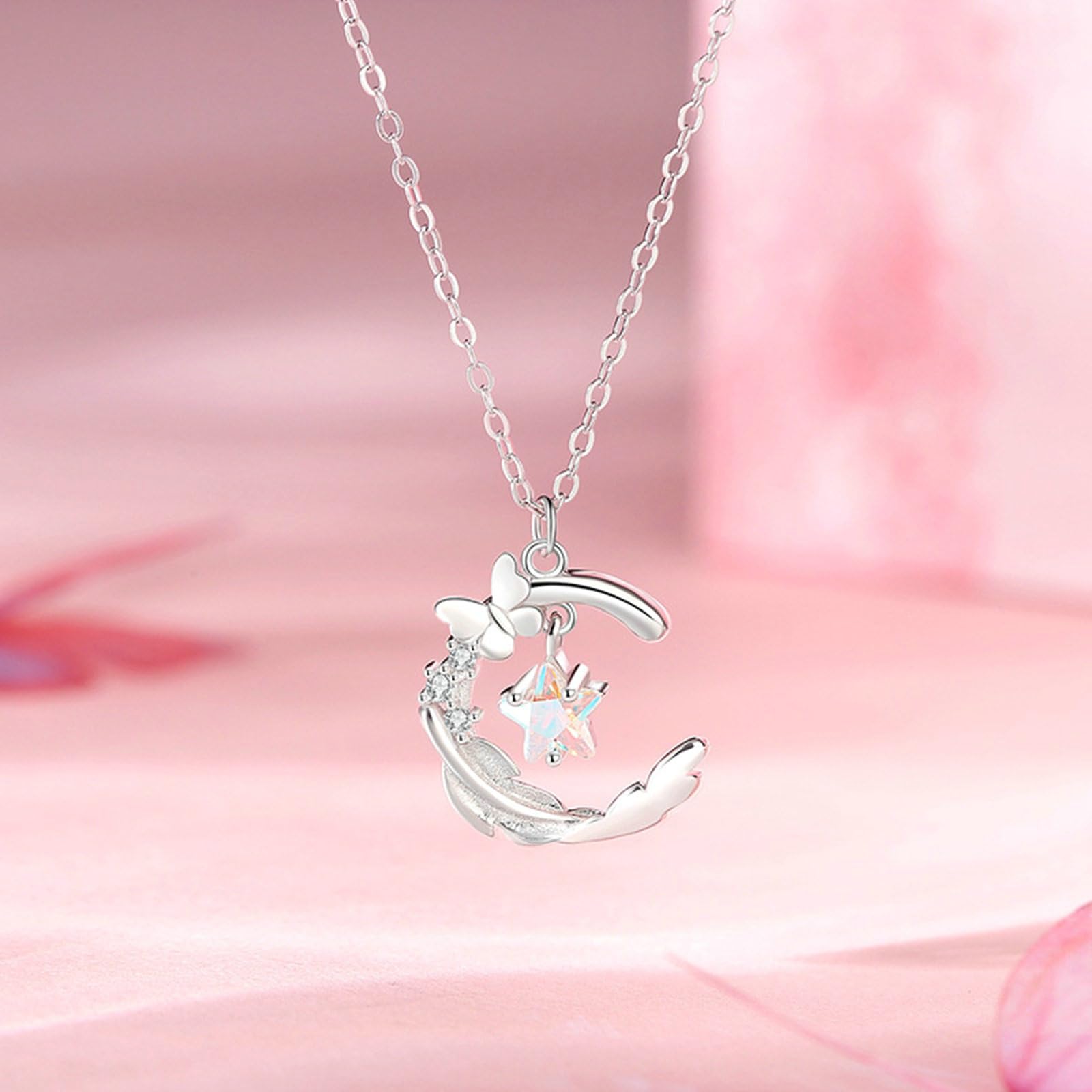 Collares de oro blanco de 9/14/18 quilates para mujer, colgante de luna, estrella de mariposa con piedra lunar, collar de moda de 40 + 5 cm