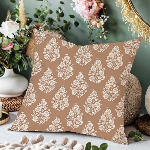 Herhome HP-046-18 Vintage Floral Block Print Decorative Throw Pillow Covers 18X18 Inch Set Of 2 Pale Brown Outdoor Boho Cottage Fall Decor Neutral Cushion Cases Country Decorations thumb #3