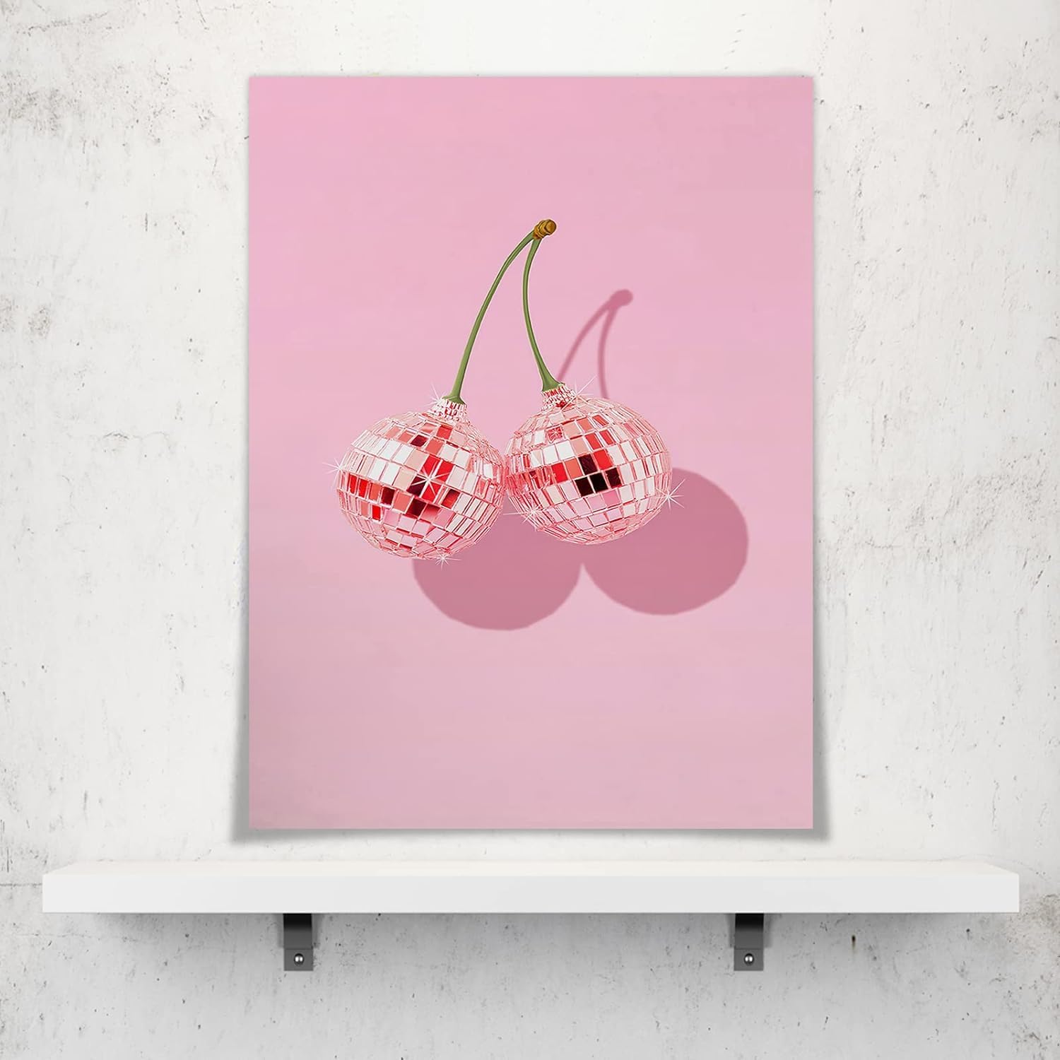 Set Di 3 Stampe Su Tela Rosa – Fiocchi, Palla Da Discoteca E Ciliegie – 40x61 Cm, Decorazione Divertente E Giocosa