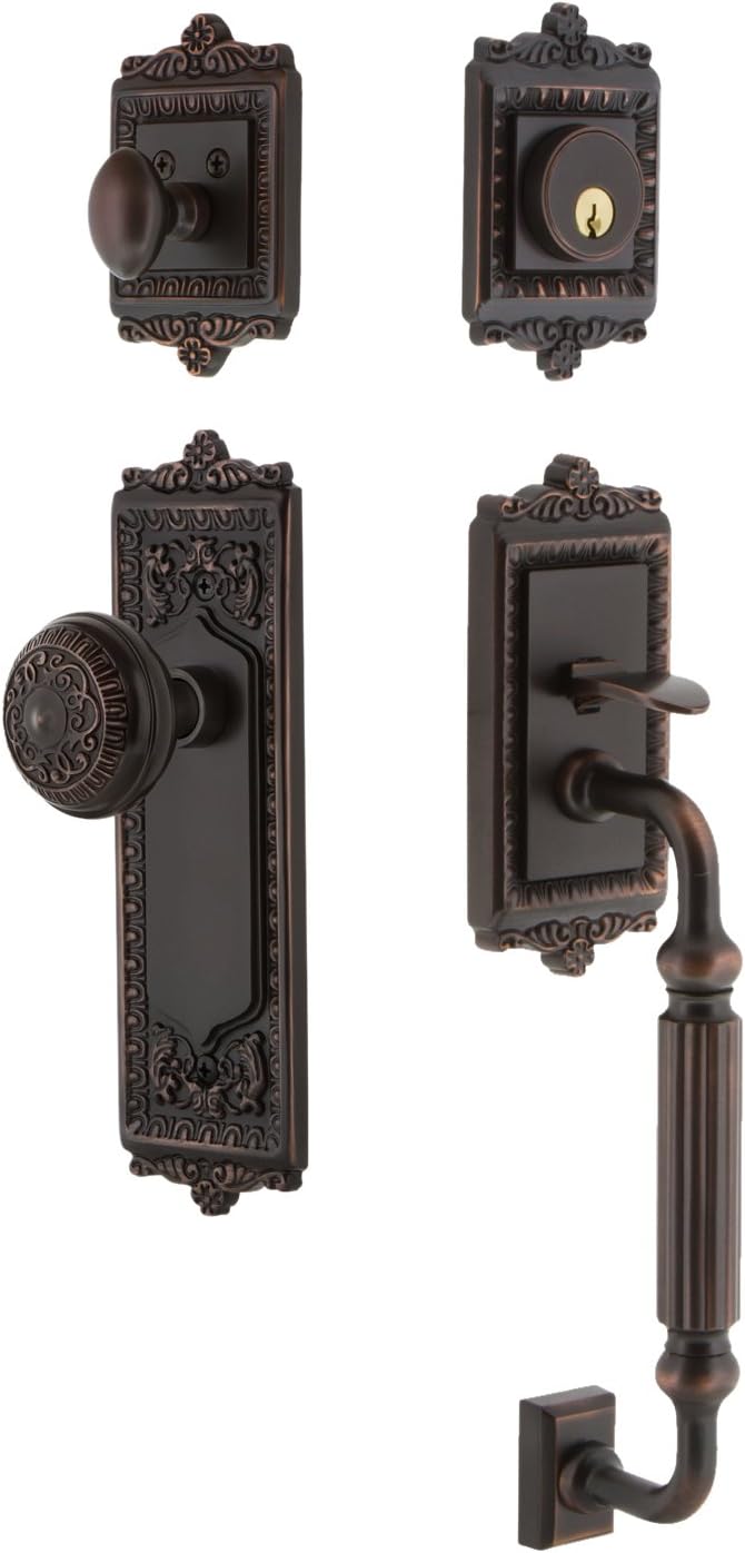 Nostalgic Warehouse 727688 Egg and Dart F Grip Entry Set & Knob, Backset - 2.75", Antique Pewter