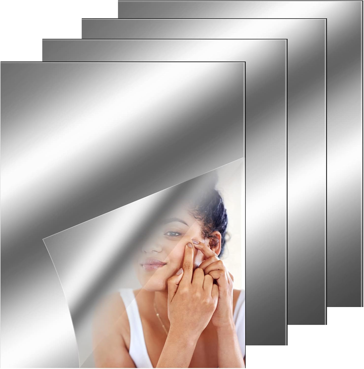 Xinjieda 4 Pcs Mirror Tiles Self Adhesive Acrylic Mirror Sheet, Flexible Mirror Sheets Self