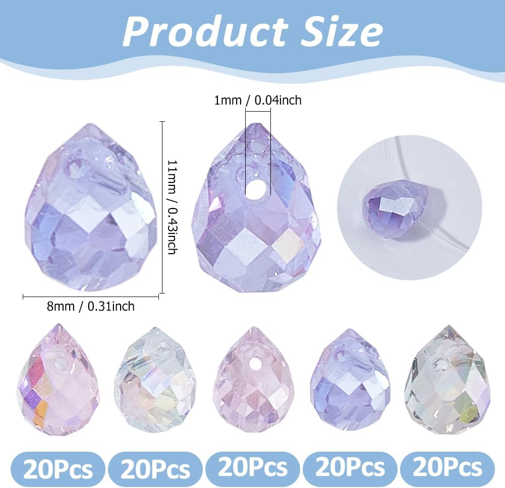 100Pcs Crystal Glass Beads 5 Colors Transparent Drop Glass Beads Sparkle Faceted AB Color Water Drop Bead for Jewelry Making Necklace Earring Craft Supplies - Image 2