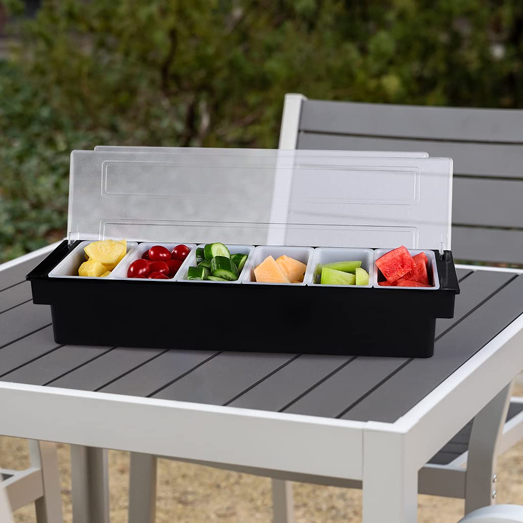 MOLIGOU Contenitore per condimenti raffreddato a ghiaccio, 6 scomparti per stazioni di guarnire con coperchio, contenitore per servire condimenti refrigerato per feste, bar