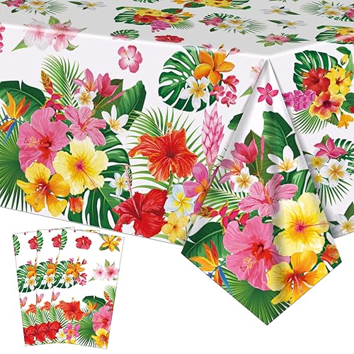 3 Pack 54 x 108 Inch Tropical Hibiscus Flowers Plastic Tablecloth Disposable Rectangle Table Covers for Hawaiian Luau Pool Beach Aloha Parties Summer BBQ and Luau Themed Birthday Decorations