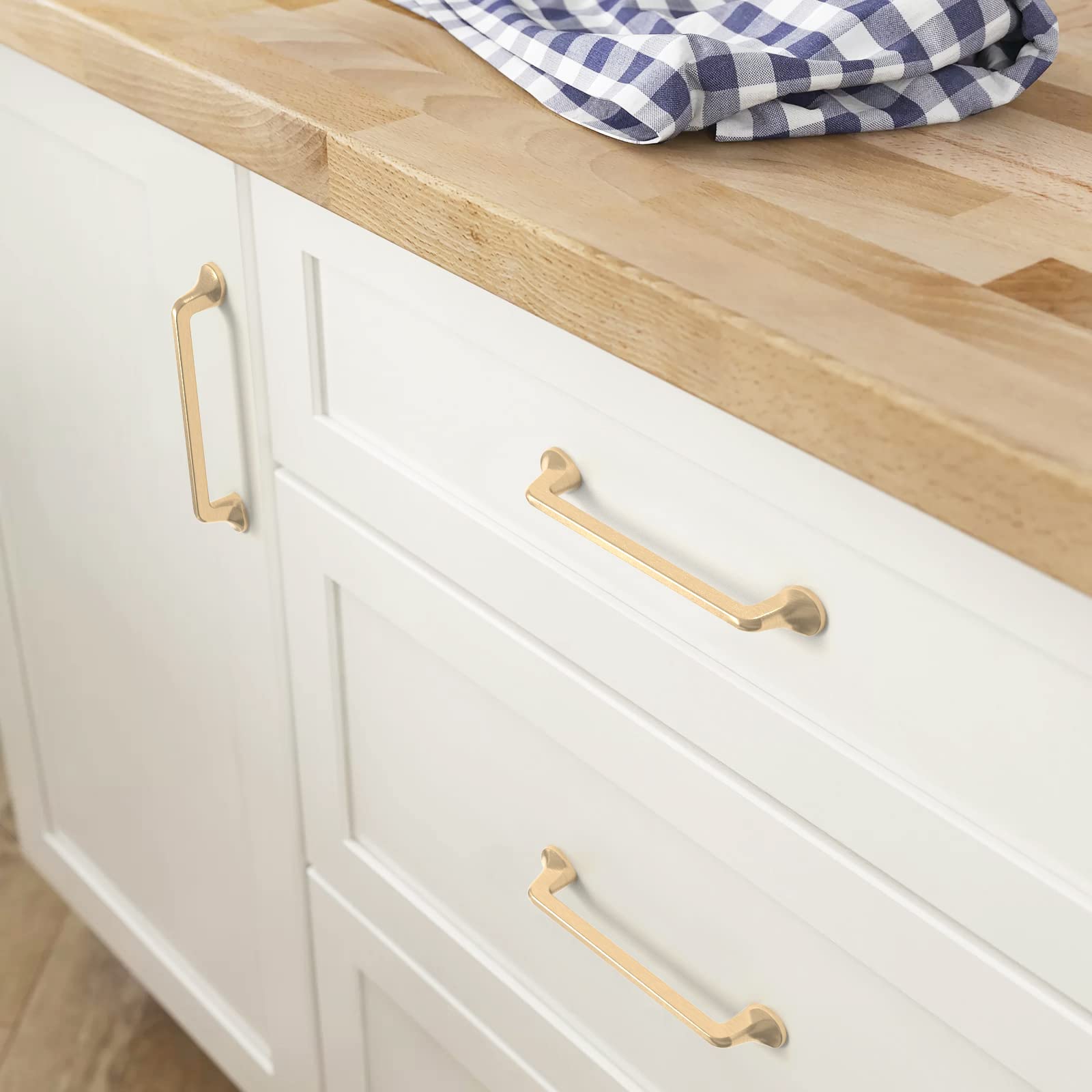 FURNIWARE Confezione da 10 maniglie per armadietti, maniglie per cassetti, maniglie in lega di zinco per ante di armadietti da cucina, ottone spazzolato satinato, foro centrale da 96 mm