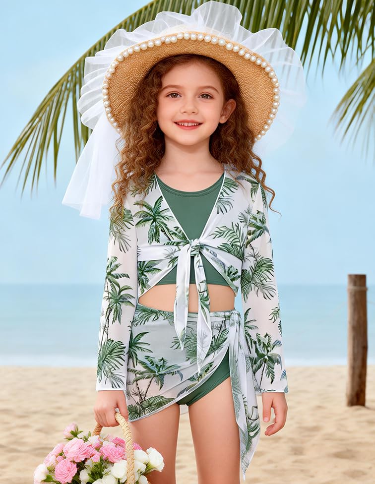 Image of GRACE KARIN Girls Bathing Suit Adjustable Taniki Swimsuit Tie Front 4 Piece Bikini Set with Kimono Cover Up 6-14