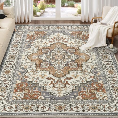 EIEIHOUSE Tapis lavable 7x9 vintage gris caramel