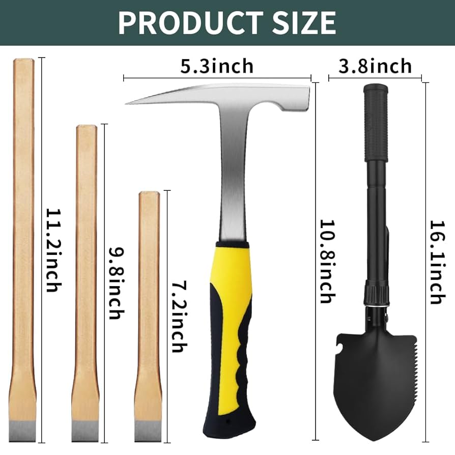 25 PCS Geology Rock Pick Equipment Kit, 28 Oz. Rock Pick Hammer With 12" Mason Chisel, Safety Glasses, Whistle, Jewelers Loupe, Tool Set For Hounding, Gold Mining & Prospecting, Stone Breaking