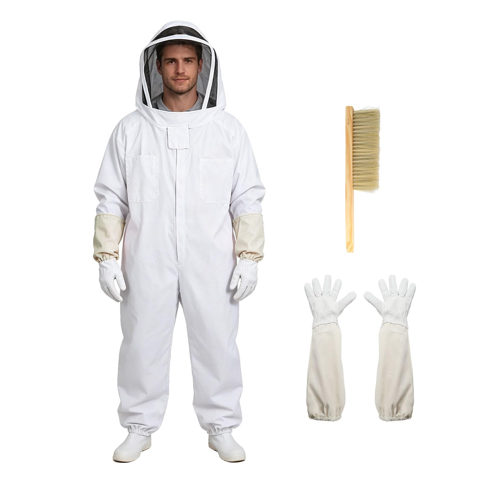 Imkeranzug mit Schleier Handschuhen und Bürste, Imker Ganzkörper Schutzanzug Unisex, Weiß Baumwoll Imker Kostüm für Berufsimker und Anfänger