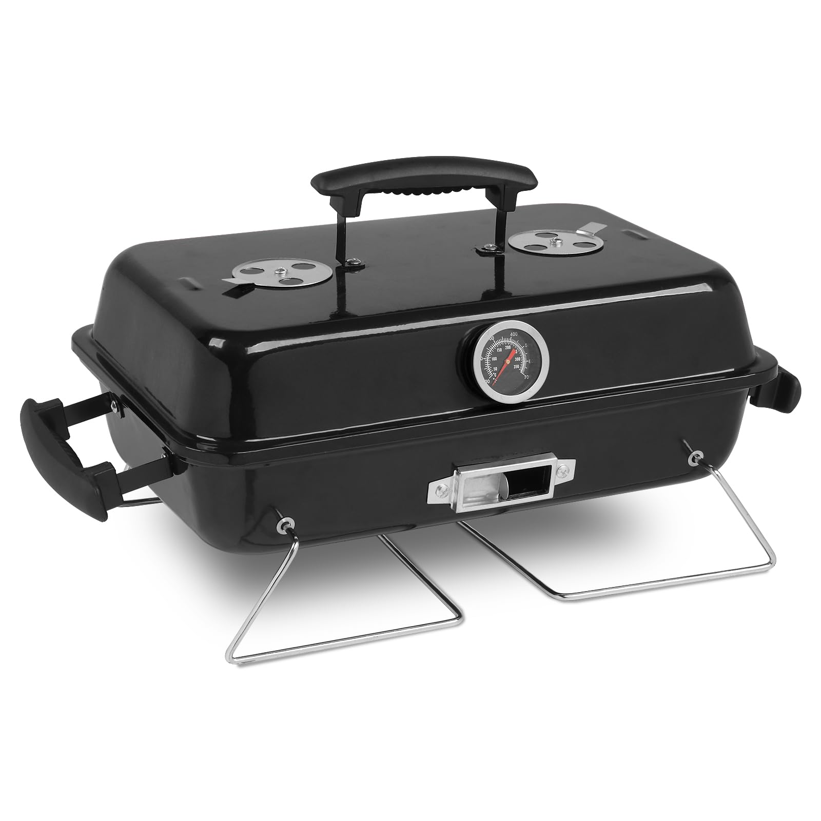 Portable Charcoal Grill, Tabletop Outdoor Barbecue Smoker, Small Folding BBQ Grill with Lid, Thermometer, Stainless Steel Legs for Camping Garden Party Picnic Cooking, Black - 1
