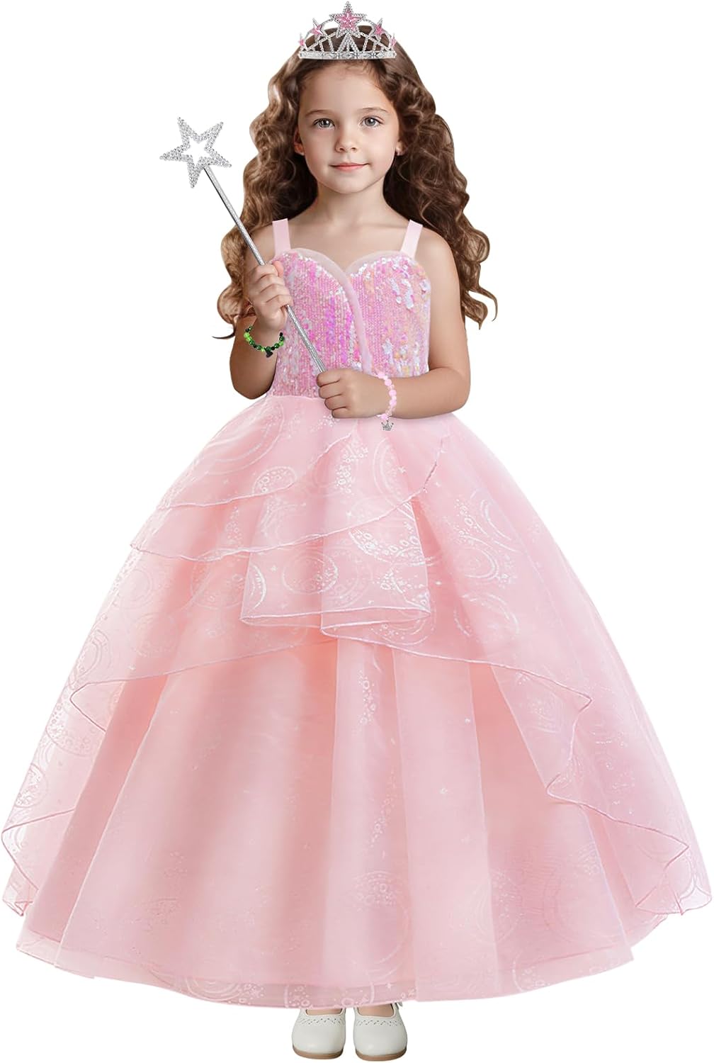 keaiyouhuo Kids Pink Witch Costume for Girls Pink Princess Sequins Tulle Dress Halloween Cosplay Outfits with Crown and Wand - Image 2