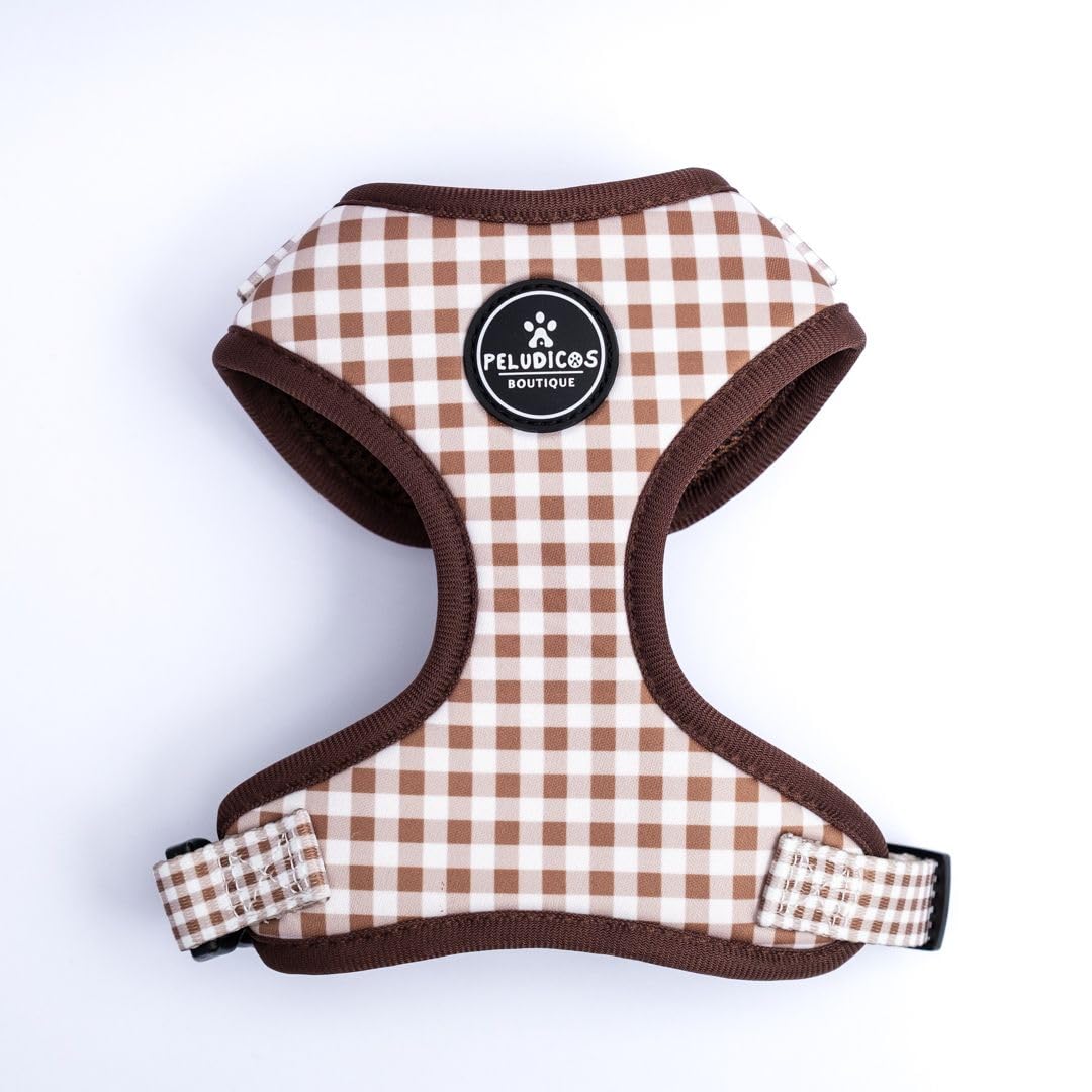 Pack Arnés L y Correa M Mocca para Perro Ajustables de Neopreno – Diseño Vichy, Cómodos y Resistentes – 4 Tallas