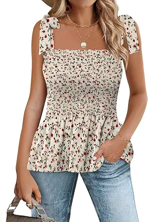 Micoson Ruffle Tank Tops for Women Summer Square Neck Sleeveless Tops Tie Shoulder Chiffon Blouse Babydoll Shirts