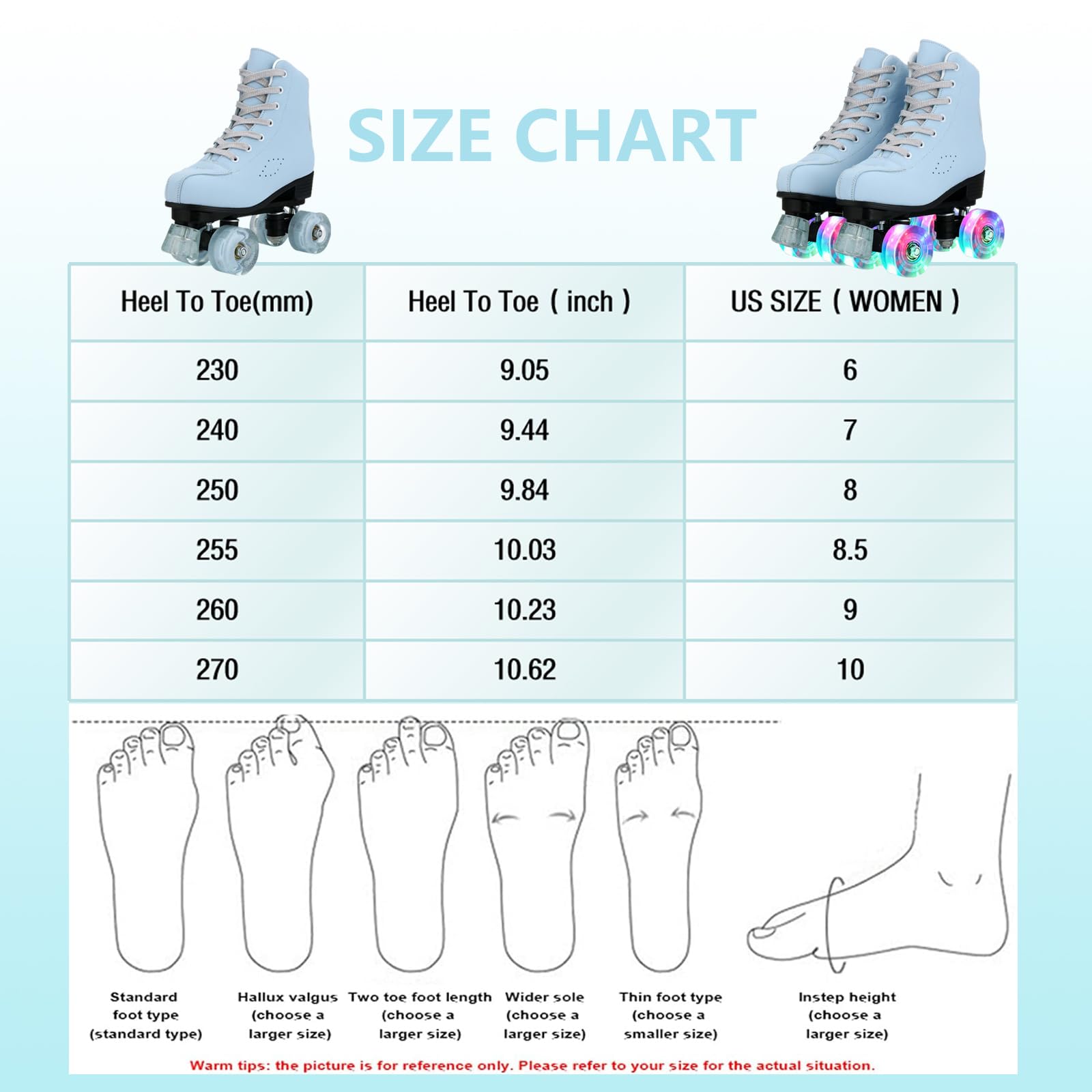 XUDREZ Women's SkyBlue Frosted Material Roller Skates, Classic Double-Row High-top for Beginner, Indoor Outdoor Use (US: 6)
